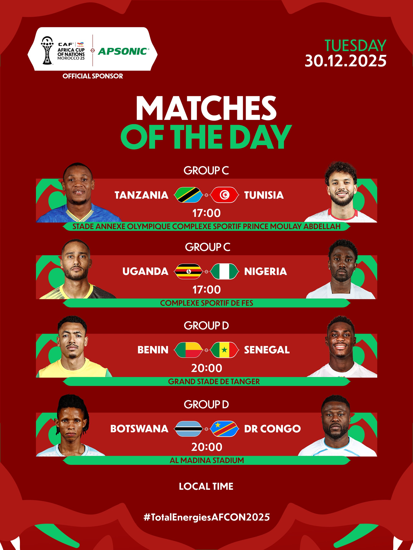 Les affiches du jour à la #TotalEnergiesAFCON2025 – Quel choc allez-vous suivre ?