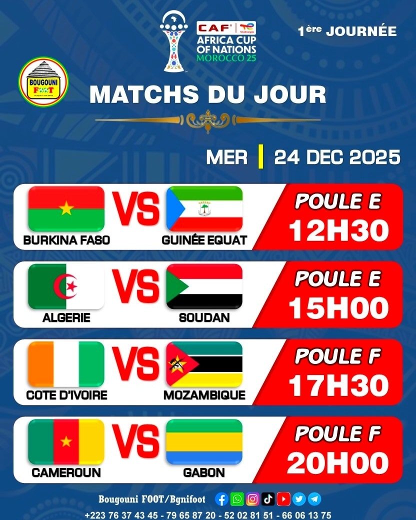 PROGRAMME DES MATCHS DU MERCREDI 24 DECEMBRE 2025