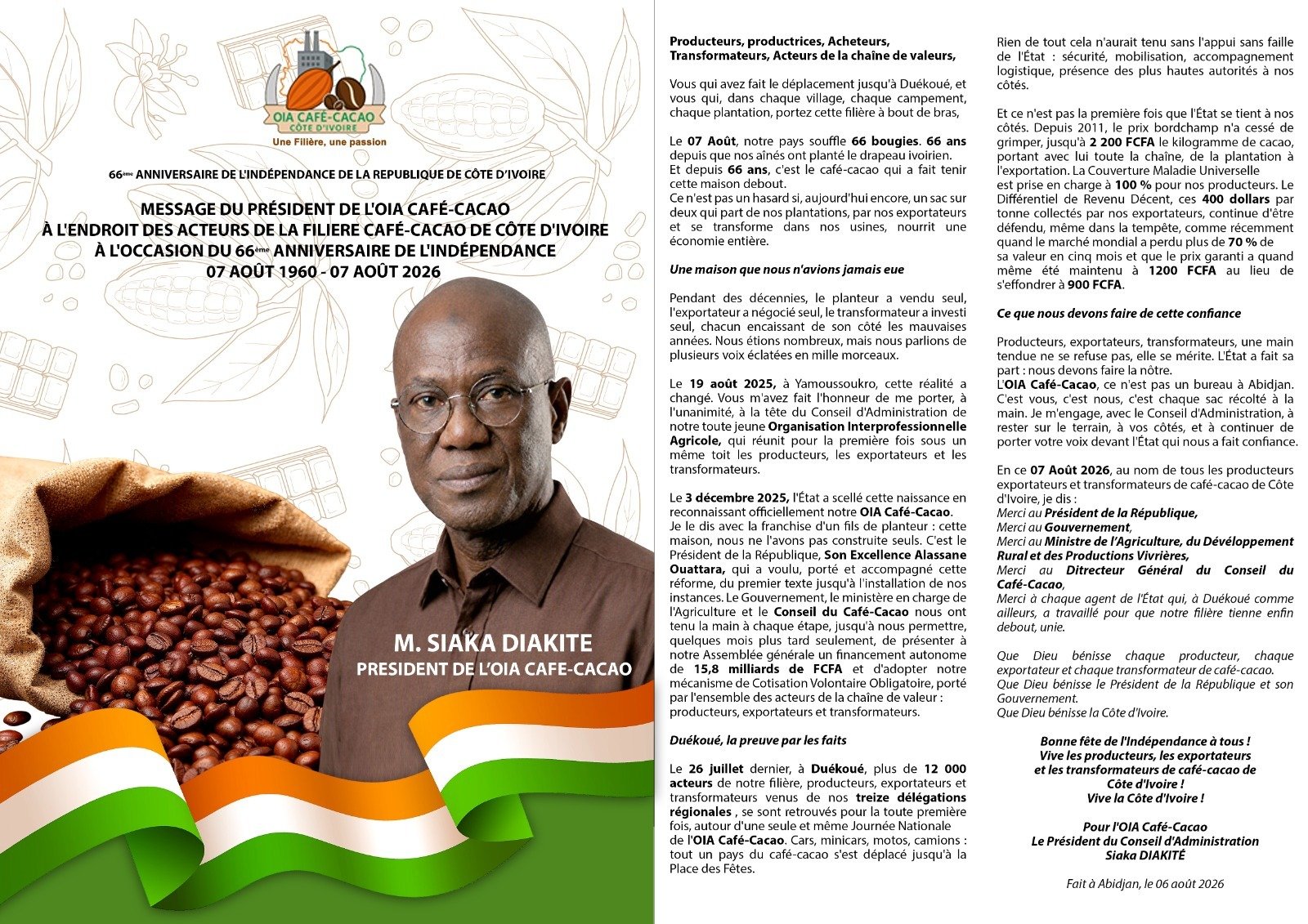 🇨🇮✨ MESSAGE DU PRÉSIDENT DE L’OIA CAFÉ-CACAO ✨🇨🇮 Aux vaillants acteurs de la filière Café-Cacao de Côte d’Ivoire ☕🌱